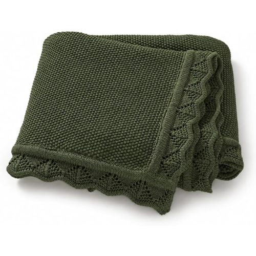Baby Knit Blanket Soft Breathable Cotton Scallop Border Blankets Newborn Knitted Blanket Swaddle Blankets Gifts for Baby Newborn Toddler Shower Boy Girl New Mom Birthday Christmas Green 30x30