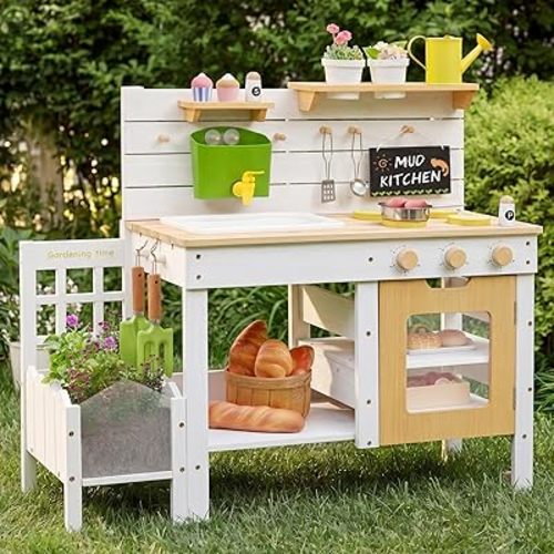 Frogprin Outdoor Mud Kitchen for Kids, Wooden Play Kitchen with Plant Growing Box & Trellis, Real Faucet Sink, Gardening Tools &, Cooking Accessories, Ideal for Toddlers Ages 3+