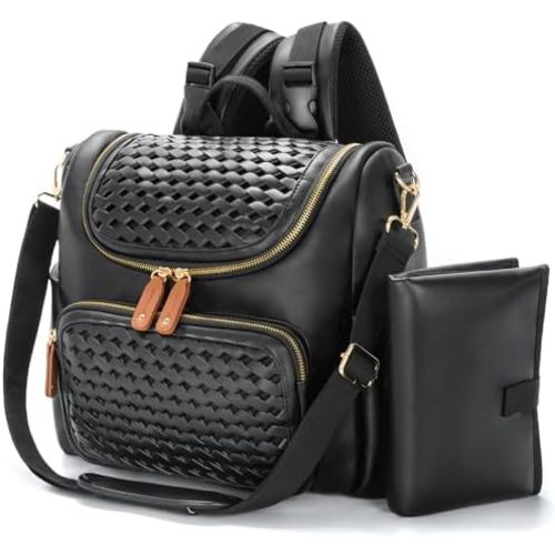 Minsong Diaper Bag Backpack, Small Diaper Backpack for Mom with Changing Station, Stylish Vegan Leather Travel Diaper Nappy Bags (Black)