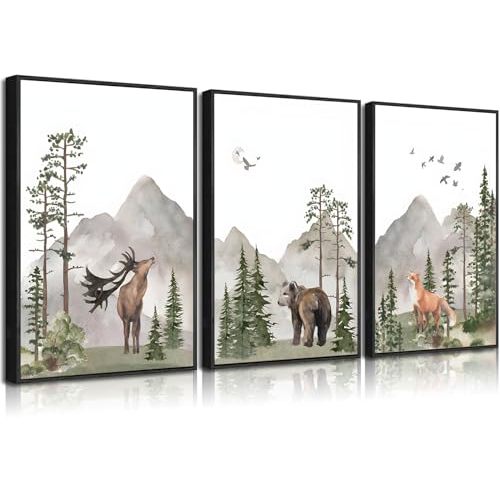 Set of 3 Woodland Nursery Wall Art Wild Animals Canvas Posters Prints Adventure Theme Forest Deer Bear Fox Watercolor Pictures Paintings for Boys Room Girls Room Wall Decor 12x16in Unframed