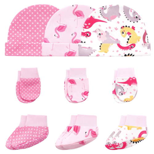 Baby Hat and Mitten Set with Newborn Socks 3 Complete Baby Caps Gloves Socks Sets for 0-6 Months Girls Boys