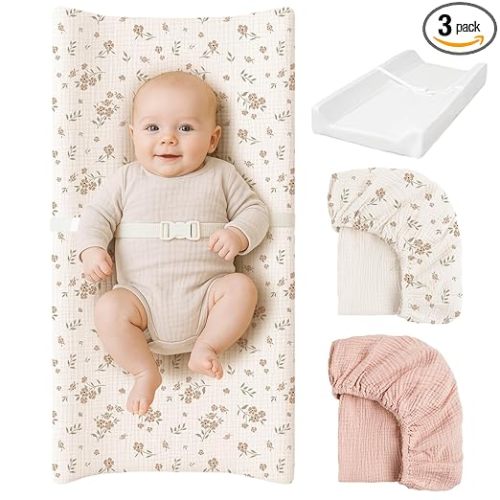 Konssy Muslin Changing Pad with Waterproof Lining Foam, Includes 2 Pack Soft & Cotton Cover, Baby Diaper Changing Pad for Dresser or Table, 32x16 inches (Blossom,Pink)