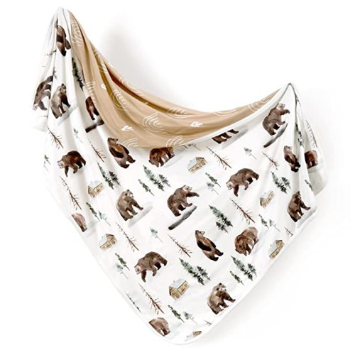 Baby Blankets Super Soft Stretchy Jersey Knit Swaddle Blanket for Girls and Boys, Double Layer Reversible Receiving Blankets 34 x 44, Extra Large for Swaddling, Jungle Bear/Rainbow