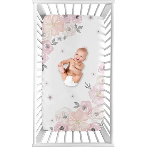 Sweet Jojo Designs Fitted Baby Crib Sheets (Pink/Grey Boho Floral) for Girls, Infant Nursery, Toddler Room - Standard Size (Photo Op, Rose, Flower, Bohemian, Farmhouse, Wildflower, Nature, Elegant)