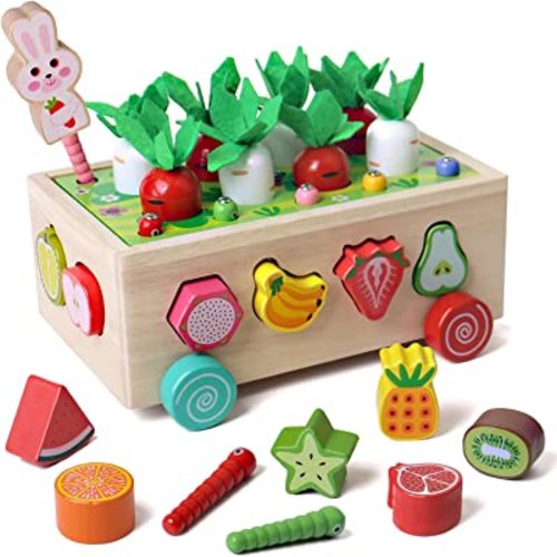SHIERDU Montessori Toys for 1 and 2 Year Old, Multifunctional Orchard Toy Car, Size Sorting and Counting Puzzle Game, Carrots Harvest Developmental Gifts for Boys and Girls
