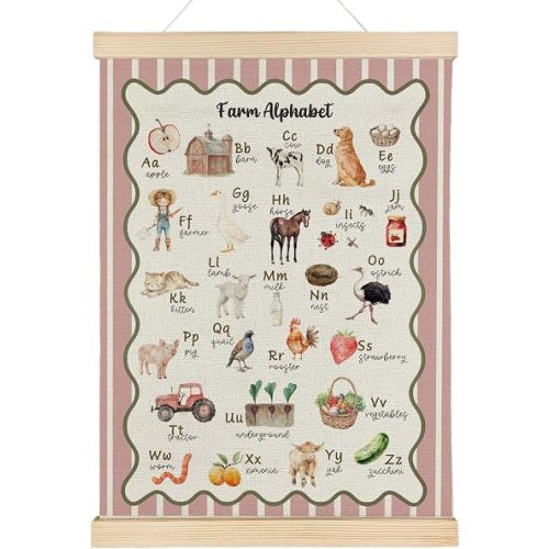 Qvapt Farm Alphabet Pink Wall Art Poster Hanger Frame, Farmhouse Animal ABC Educational Wall Art With Wooden Poster Hanger for Toddler Room Classroom Nursery Playroom Decorations, 12x16 Inch