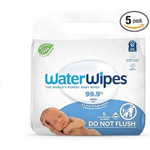 WaterWipes Plastic-Free Original Baby Wipes, 99.9% Water Based Wipes, Unscented & Hypoallergenic for Sensitive Skin, 300 Count (5 packs) - 60 Count (Pack of 5)