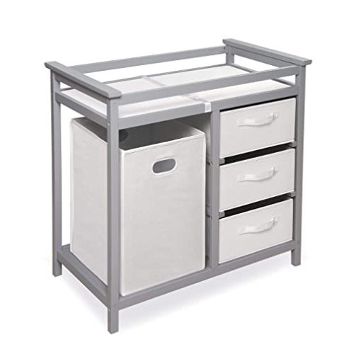 Badger Basket Modern Baby Changing Table - Nursery Furniture with Laundry Hamper and 3 Storage Drawers - Diaper Changing Station with Safety Belt, Changing Pad, and Organizer Baskets - Gray and White