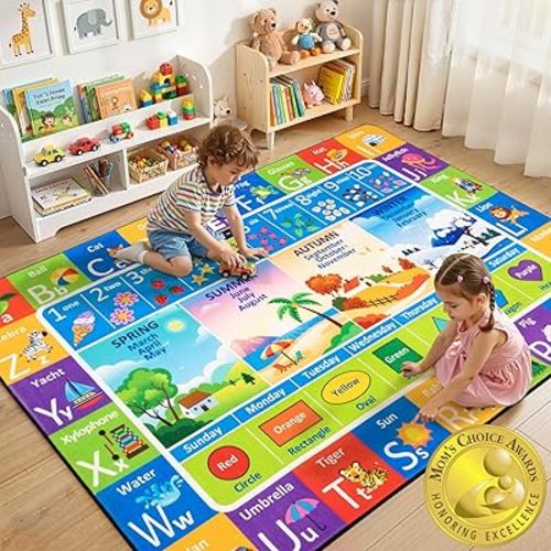 Kids Rug for Playroom, Educational Learning Play Mat, Soft Non-Slip Machine Washable ABC Alphabet Carpet with Seasons, Shapes, Numbers for Bedroom Nursery Preschool Classroom
