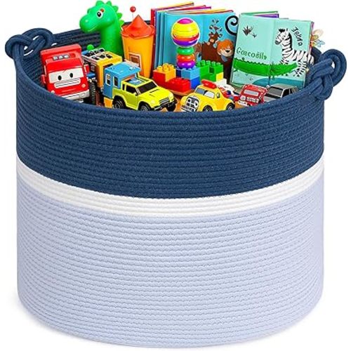 Goodpick 17"x16" Toy Storage for Kids, Home Décor Living Room, Baby Boy Gifts Basket for Nursery Playroom, Soft Woven Cotton Rope Basket for Blankets Pillows Clothes, Blue