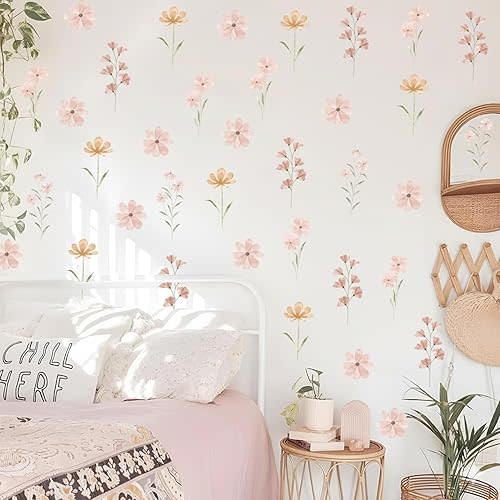 48 PCS Boho Flower Stickers Daisy Wall Decals for Girls' Rooms, Playrooms, and Nurseries Dual Layer Print for High Coverage Removable Peel and Stick Wall Decor