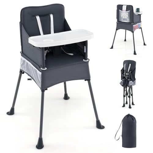 BABY JOY Portable High Chair for Babies and Toddlers, Foldable Highchair Travel Seat with Adjustable Tray, Storage Pockets & Carry Bag, Space Saver High Chair for Indoor Outdoor Dining (6-36 Months)