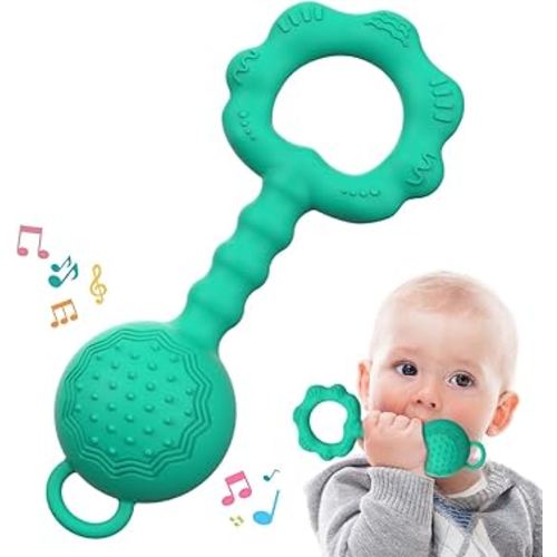 Teething Toys for Babies 0-6 Months, Baby Rattles 6 to 12 Months, 2-in-1 Rattle and Teether Toy for Soothing Sore Gums and Keeps Little Ones Entertained, Food Grade Silicone, Spearmint
