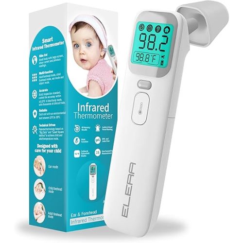 Elera Ear Thermometer for Kids, Baby Thermometer with Forehead and Ear Mode for Adults, Infant, Kids and Toddler, Touchless and 1 Second Reading with Fever Alarm and Mute Function, LCD