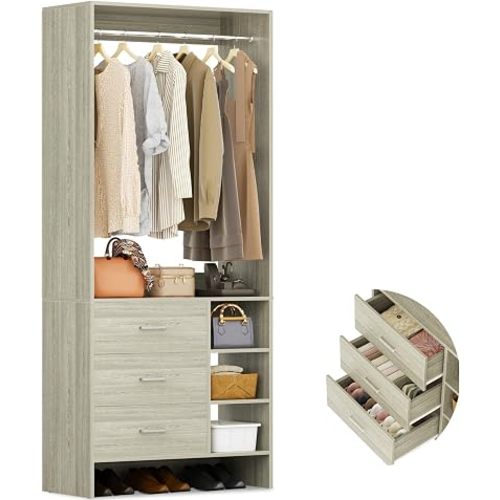 Aheaplus 2.5FT Closet System with 3 Drawers, 29.5’’ Closet Organizer, Wood Closet Organizer System, Walk-in Closet or Small Closets Wardrobe, Clothes Rack with Hanging Rods,-E6, White Oak