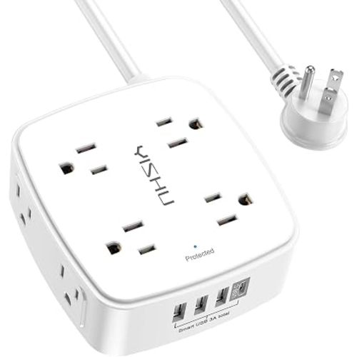 10 Ft Surge Protector Power Strip - YISHU 3 Side Outlet Extender with 8 Widely AC Outlets and 4 USB Ports, 10 Feet Extension Cord with Flat Plug, Wall Mount Desk USB Charging Station, ETL,White
