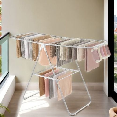 Free-Standing Metal Clothes Drying Rack with Sock Clips Foldable Laundry Drying Rack Space-Saving Design Clothes Dryer Silver and White