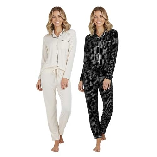 Real Essentials 2 Pack: Women's Pajamas Set Button Down Pants Soft Matching Sleepwear (Available In Plus)