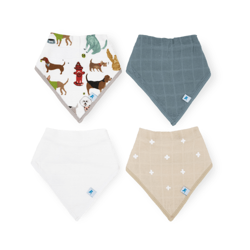 Cotton Muslin + Fleece Bandana Bib 4 Pack - Woof