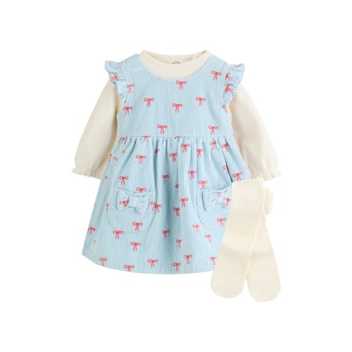 Bow Corduroy Pinafore Dress, Bodysuit & Socks Set