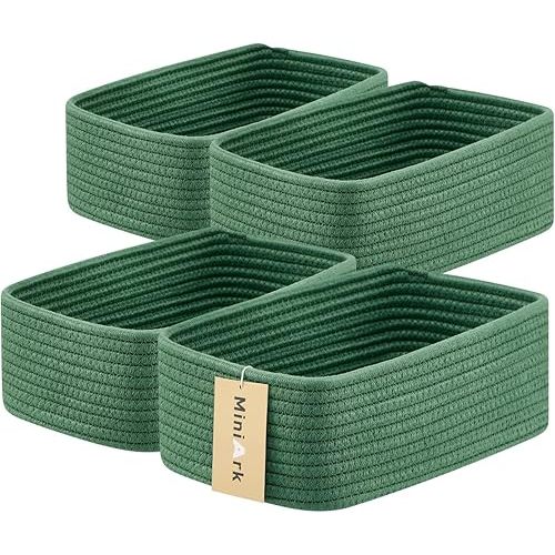 MiniArk Small Storage Baskets for Organizing | Closet Organizer Bins | Shelf Toy Basket | Woven Rope Baskets | Cube Decorative Box | Shallow Basket | 11.5x7.5x4.7” | 4 Packs Green