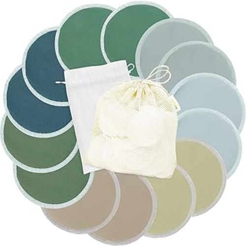 wegreeco Nursing Breast Pads (14 Pack) + Laundry Bag & Travel Storage Bag, 4.7 inch Option - Washable & Reusable Breastfeeding Nursing Pads (Bean Paste Green, Plain Shape)