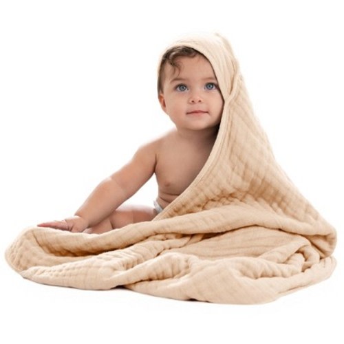 Comfy Cubs Hooded Baby Towels 1 Pack - 6 Layer, 100% Muslin Cotton - Large 32" x 32" - Cream