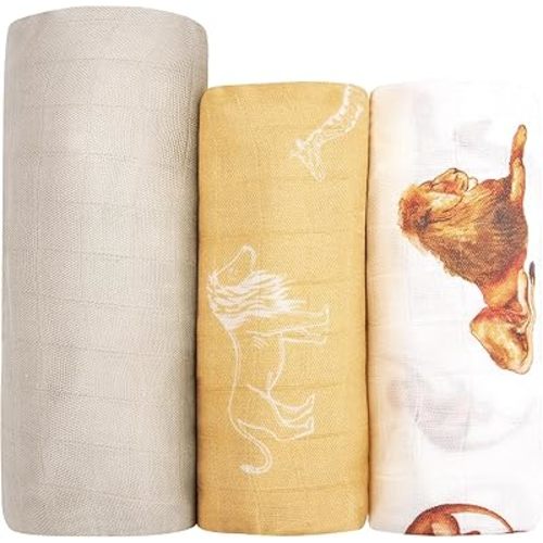 hahaland Muslin Swaddle Blankets Bamboo - 3-Pack, 1 Large (47" x 47") & 2 Standard (38" x 40") Breathable Silky Soft Receiving Blankets Swaddles for Newborns Newborn Essentials, Gold