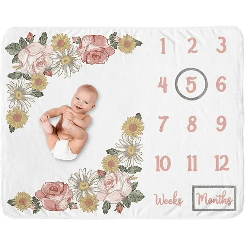 Sweet Jojo Designs Vintage Floral Boho Girl Milestone Blanket Monthly Newborn First Year Growth Mat Baby Shower Memory Keepsake Gift Picture - Blush Pink Yellow Green Shabby Chic Rose Flower Farmhouse
