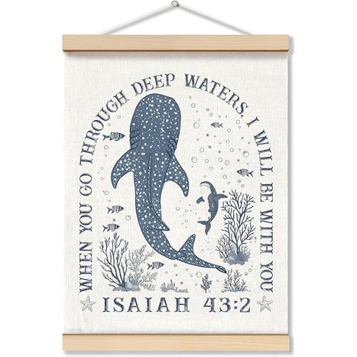 ZNGFON Trendy Whale Shark Christian Wall Decor, When You Go Through Deep Waters I Will Be With You Isaiah 43:2 Wall Art Poster with Wooden Frame, Blue Bible Verse Wall Hanging Home Decor, 12x16 Inch