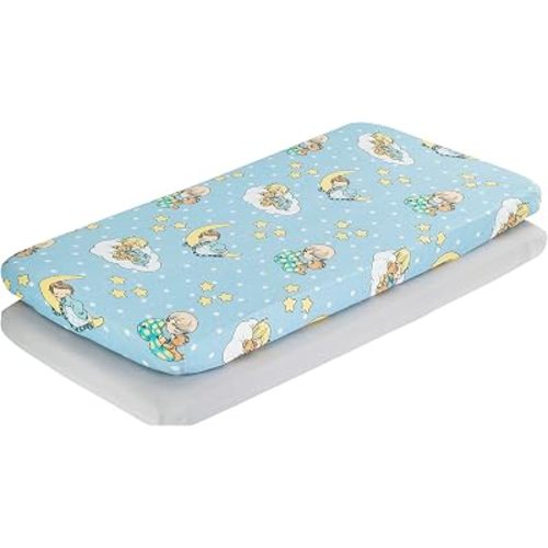 Precious Moments 2 Pack Baby Cradle Sheets - Fitted Set for Baby Boy; 100% Cotton Jersey Knit, Breathable and Soft Cradle Mattress Pad Cover; Blue and Yellow Boys Sheet and Solid Gray Sheet
