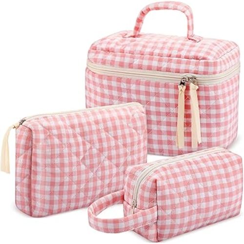 Paterr Makeup Bag Set 3 Pcs Large Quilted Cotton Make up Bags for Women Cosmetic Travel Toiletry Organizer Pouch Cute Aesthetic Storage Purse(Pink,Pink Plaid)
