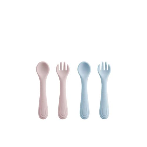 Bc Babycare Baby Toddler Silicone Fork and Spoon Set 4 pc Self Feeding Utensils Soft Grip BPA-Free with Travel Case Pink and Blue