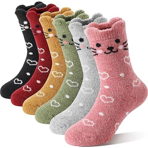 Kids Girls Toddlers Merino Wool Cat Socks Thermal Winter Warm Thick Cozy Cute Funny Crew Socks 6 Pairs