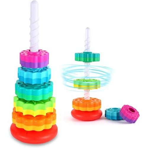 Spinning Stacking Toys - Rainbow Tower, Kids Stackable Spinning Toy, Educational Toy for Toddlers 1-3, Strong ABS Plastic, Color & Shape Recognition, Builds Sensory & Motor Skills