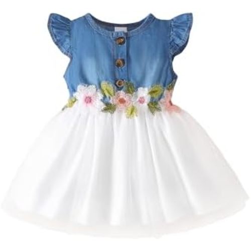 Kucnuzki Toddler Baby Girl Dress Denim Fairy Dress Summer Casual Tutu Dresses Ruffle Floral Sundress Cute Kids Clothes