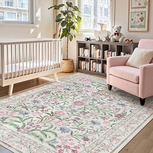 Lahome Sylvie 8x10 Purple Nursery Rug, Washable Kids Baby Rugs for Girls Bedroom Nursery, Soft Floral Cottage Core Thin Carpet for Classroom Reading Room Home Office, Pale Lilac/Pink