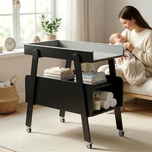 Diaper Changing Station Baby Flat Top Changing Table with Wheels and Changing Pad Nursery Organizer & Storage Rack Mobile Nursery Diaper Changing Table for Baby, Newborn (Black)