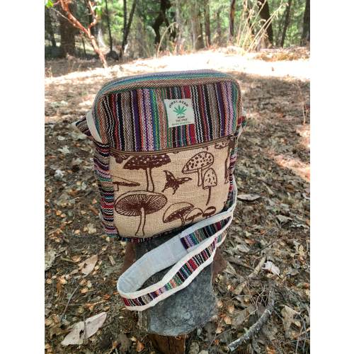 Hemp Shoulder Bag Purse, Mushrooms Print, Handmade from the Nepal Himalayas, Organic Vegan materials, Unique Design, Travel Gift, Sling bag
