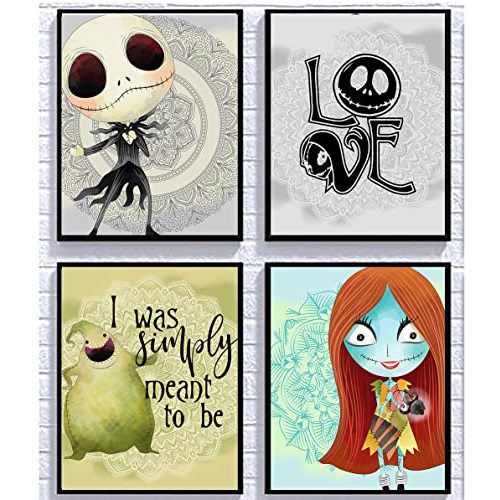 Silly Goose Gifts Nightmare Before Christmas Themed Character Wall Art Decor Baby Nursery Love (4pc Love Art Set)