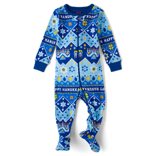 Baby And Toddler Matching Family Hanukkah Snug Fit Cotton Footed One Piece Pajamas - Blue