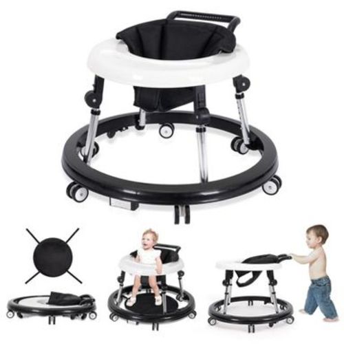 Wismind Foldable Baby Walker with Adjustable Height and Wheels, Portable Anti-Rollover Design-Black