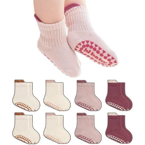 BISOUSOX Toddler Grip Socks 8 Pairs, Baby Boy Girl Non Slip Infants Kids Grippy Cute Dress Socks 0-6 6-12 Months 1-5T