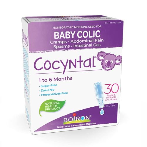 Boiron Cocyntal used for the relief of baby colic: abdominal pain, cramps, spasms and intestinal gas. 30 unit-doses