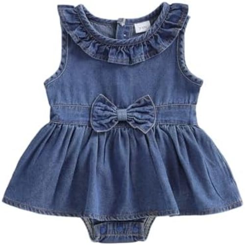 Baby Girl Cute Sleeveless Bow Hello World Denim Romper Newborn Infant Summer Outfit