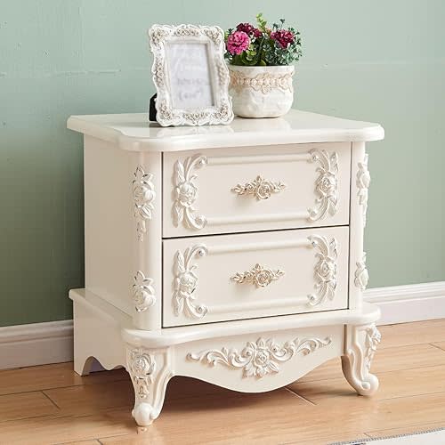 White French Provincial Furniture Bedside Table, Chic French Country Nightstand with 2 Drawers, Rattan Nightstand, Bed Side Table with Carving (White with Silver, 48cm*40cm*48cm)