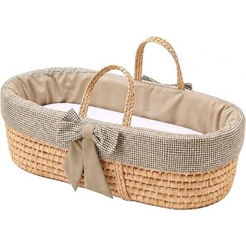 Ababy Khaki Gingham Moses Basket with Mattress, 100% Cotton Liner & White Polycotton Fitted Sheet – Luxury Portable Wicker Baby Basket for Newborns, Neutral Nursery Moses Bed