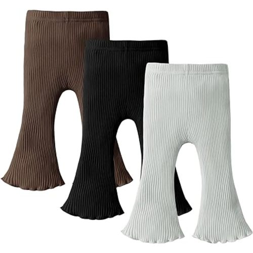 DREAM BUS 3 Pack Baby Girl Pants Toddler Leggings Solid Ribbed Cotton Baby Girls Flare Pants Toddler Bell Bottoms