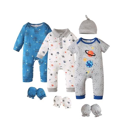 NZRVAWS Preemie Baby Boy Clothes Newborn Essentials Outfits Romper 10 PCS | Wearable all year round;Snap closures;10-piece layette: 3 rompers, hat, 6 mittens; Soft fabric;Multi scene wearable
