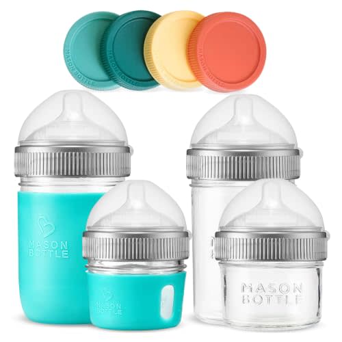 Mason Bottle Glass Baby Bottle & Breastmilk Storage Set with Lids 4oz & 8oz | 4x Anti-Colic Glass Bottles, Slow Flow Nipples, Lids, Caps+Rings & Silicone Sleeve BPA-Free Newborns & Infants Feeding Bottle